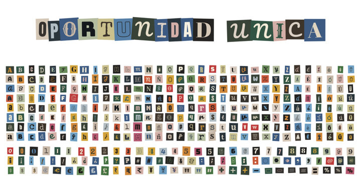 Alfabeto de recortes de periodico estilo nota de rescate anonima en espanol