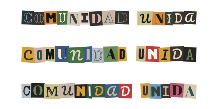 Frase comunidad unida en estilo collage para activismo social y apoyo vecinal inclusivo