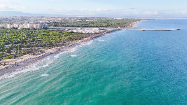 coastline drone sea beach aerial view port coast forest nature water summer environment climate natural travel ecology - Guardamar del Segura, Alicante, Spain - 2025