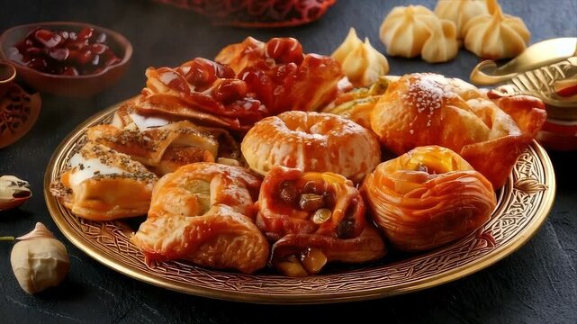 An ornate gold platter displays an assortment of baked goods with toppings, arranged artfully
