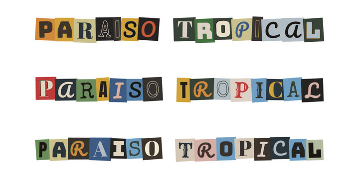 Letras recortadas estilo nota de rescate para dise&ntilde;o de para&iacute;so tropical retro