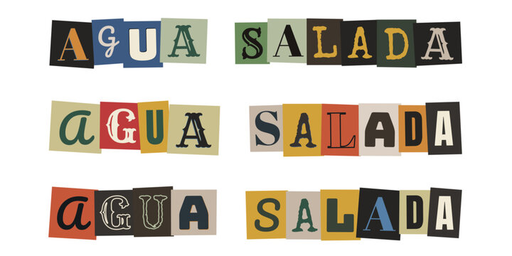 Letras recortadas formando la frase agua salada estilo collage vintage y retro