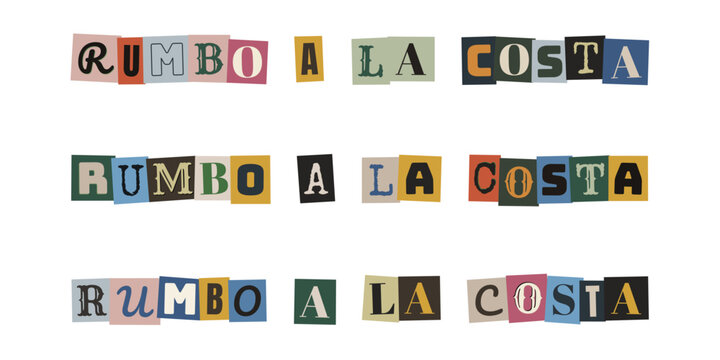 Texto Rumbo a la Costa estilo collage de recortes de revista para dise&ntilde;o creativo y misterio