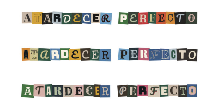 Texto Atardecer Perfecto con letras recortadas estilo nota de rescate para collage y fanzines
