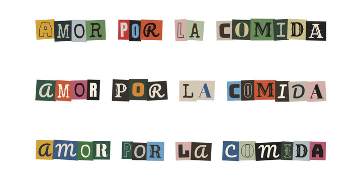 Frase amor por la comida en estilo collage de recortes de revista vintage