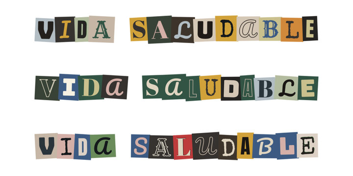 Frase vida saludable con letras recortadas de revista estilo collage para dise&ntilde;o de bienestar