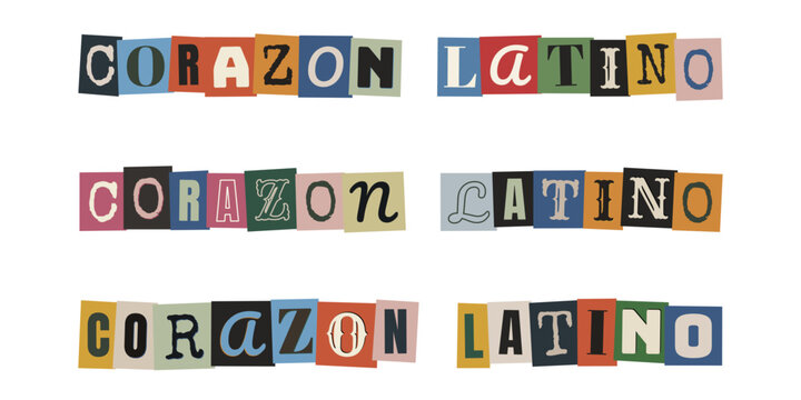 Mensaje de identidad cultural Corazon Latino con tipografia retro de recortes de periodico