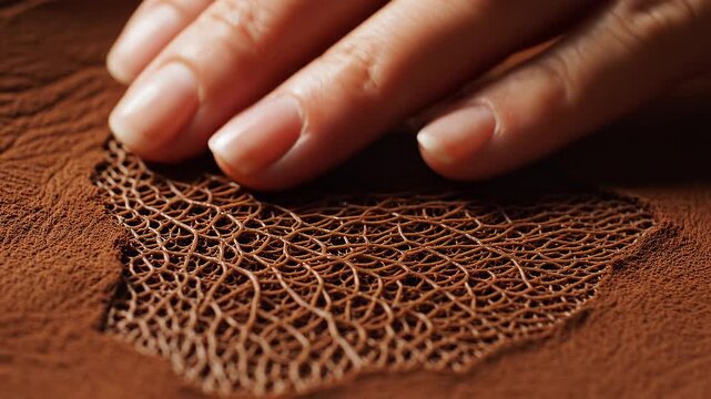 Close-up of intricate chocolate pattern resting on a bed of cocoa powder.