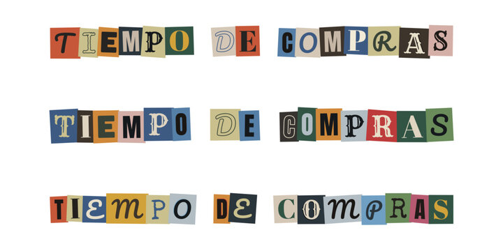 Letras recortadas con la frase tiempo de compras para marketing de guerrilla y rebajas