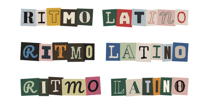 Frase Ritmo Latino en estilo collage de letras recortadas para dise&ntilde;o de fanzines y eventos musicales.