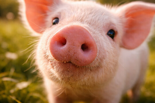Close-up of a cute piglet smiling in a grassy field