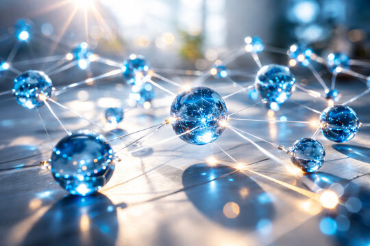 Abstract blue spheres connected by bright lines in a network design