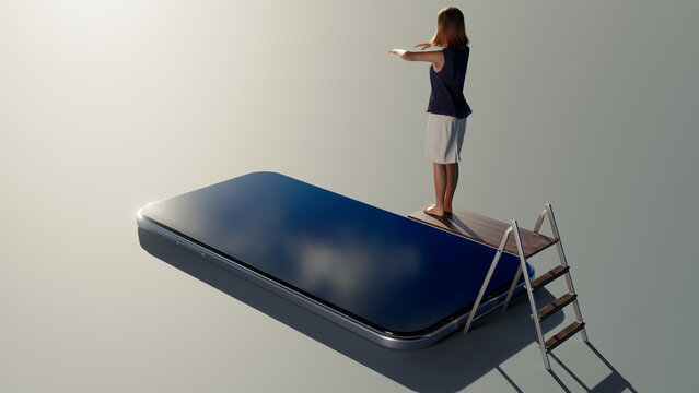 Conceptual 3D render of a woman standing on a ladder over a giant smartphone.