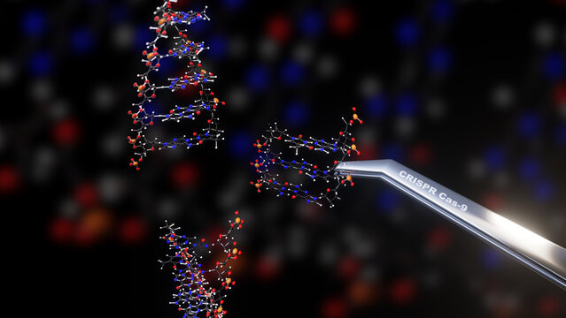 Abstract 3d render of a DNA molecule and the CRISPR Cas-9 gene editing process.