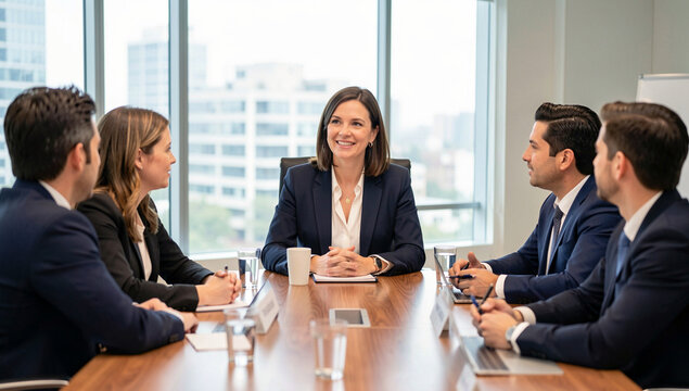 Female executive in a suit presiding over a business meeting with four male colleagues around a conference table. High-rise office building in the background with large windows. Corporate environment.