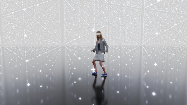 3d render of a woman using VR headset in a virtual cyberspace environment.