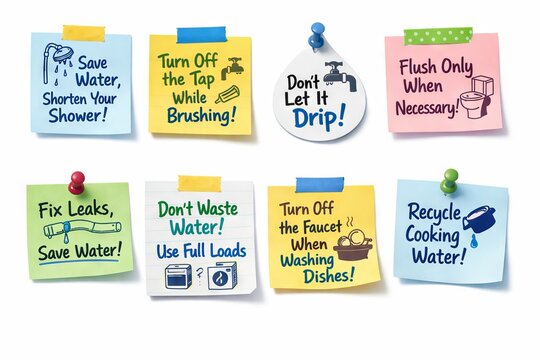 Colored sticky notes with hand drawn illustrations and text about water conservation tips on white background. Environmentally friendly lifestyle