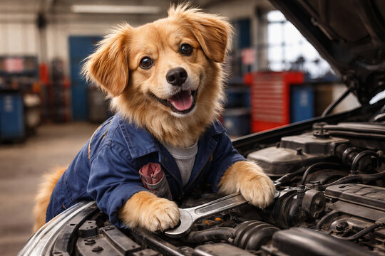 Cute dog in mechanic outfit holding wrench over car engine in auto repair shop. concept of animal helper, adorable mascot, playful workshop scene