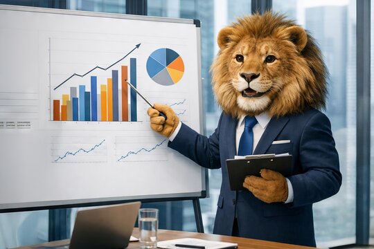 business lion presenting financial data with charts and graphs in a corporate setting. concept of animal in business suit, financial analysis, creative design