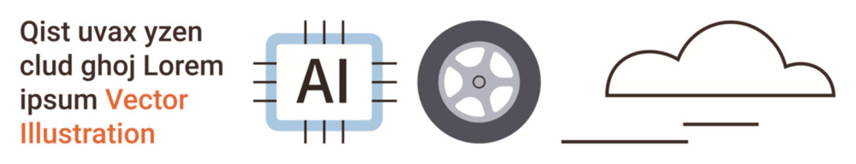 Obraz premium Artificial intelligence, cloud computing, automotive industry, technology design, digital transformation, innovation. ion includes AI chip, vehicle wheel and cloud outline. Artificial intelligence