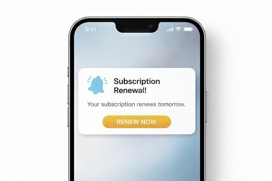 Smartphone screen with subscription renewal notification. Alert popup for mobile application service. Digital reminder for recurring payment and account