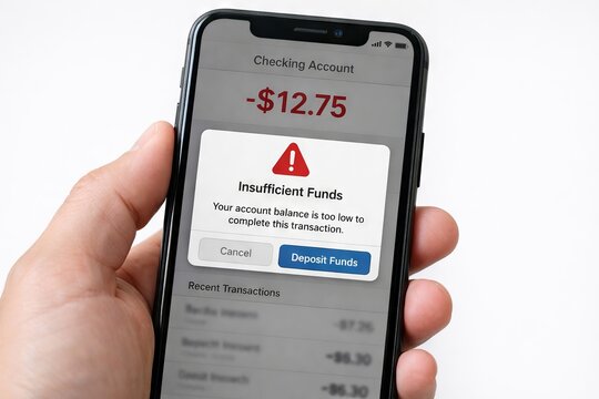 Hand holding smartphone with insufficient funds notification on checking account screen. Banking app alert about low balance during transaction. Financial problem and digital finance security concept