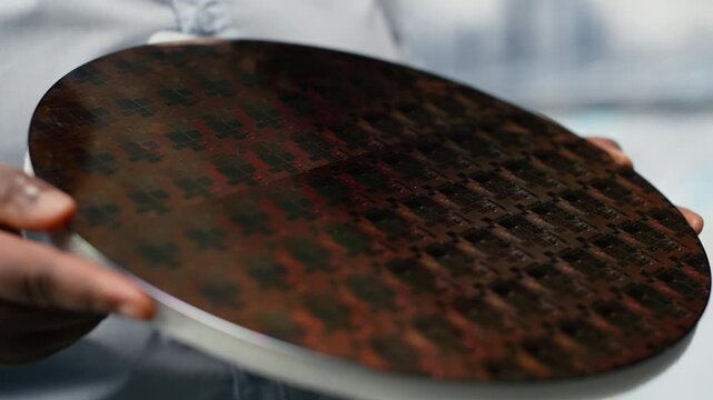 Researchers evaluating advanced microchip silicon wafer prototype, analyzing electronic components. Workers holding semiconductor substrate in smart factory, developing new hardware, camera B close up