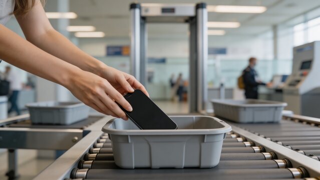 Airport security checkpoint with a person's hands placing a phone in a bin on a conveyor belt