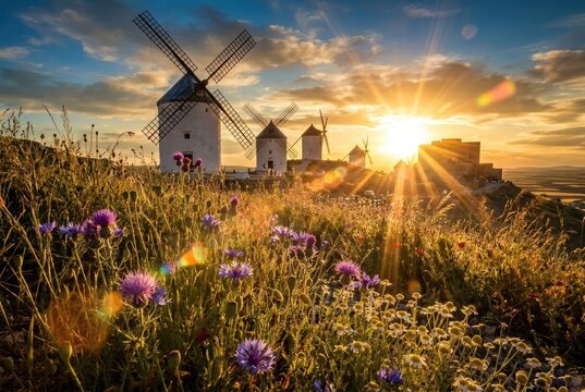 Golden Hour Scene Featuring Consuegra Windmills and Medieval Castle Over a Blooming Wildflower Field, Capturing the Essence of Rural Spain.
