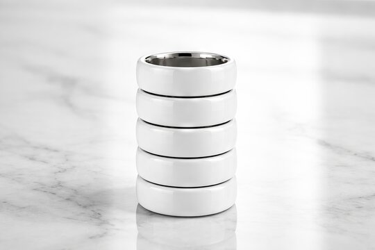 Stacked white smart rings on marble surface, sleek modern technology jewelry design. concept of innovative wearable tech, minimalist gadget accessory, stylish digital ring