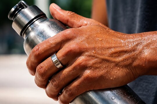 Hands with silver smart ring holding water bottle. concept of smart technology, hydration, modern lifestyle, stainless steel, innovative wearable device, detailed close-up.