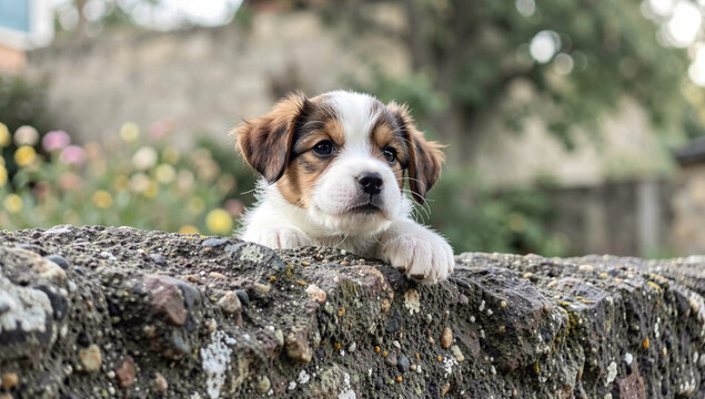 Adorable dog with brown ears looking over brick wall edge.
