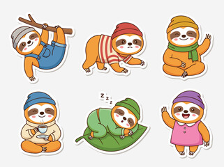Fototapeta premium Cute Cartoon Sloth Characters in Various Poses and Outfits.