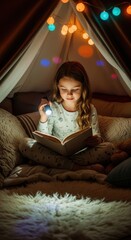 Fototapeta premium Cozy tent reading: a young girl immersed in a book with warm glowing lights
