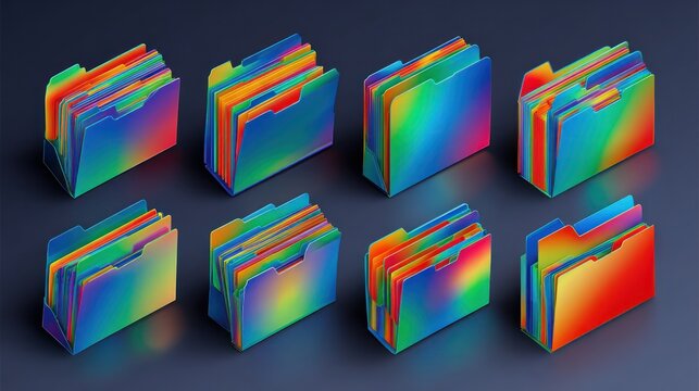 Colorful, isometric folder icons, arranged in a grid.  Each folder displays a gradient of vibrant colors, creating a dynamic, eye-catching display of files