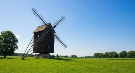 Fototapeta premium A classic wooden windmill stands in a green field, under a vibrant blue sky with trees