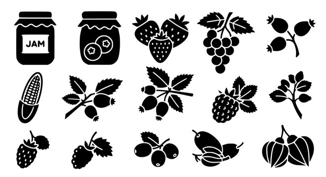 Berry Fruit Solid Black Icons Collection Organic Food Silhouette Vector Set