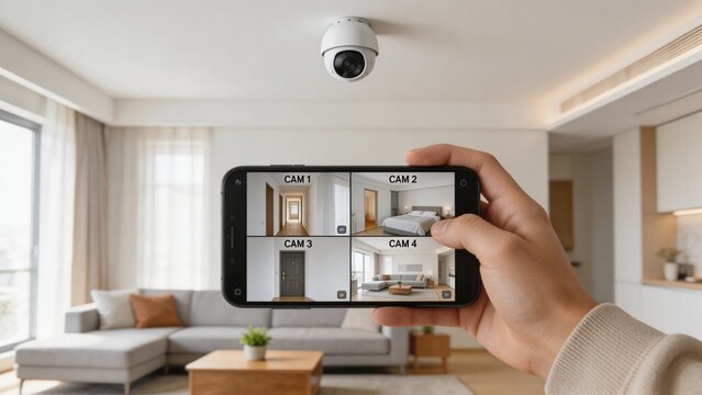 A person monitoring a home security camera system on their smartphone in a modern living room, with a focus on safety and technology.