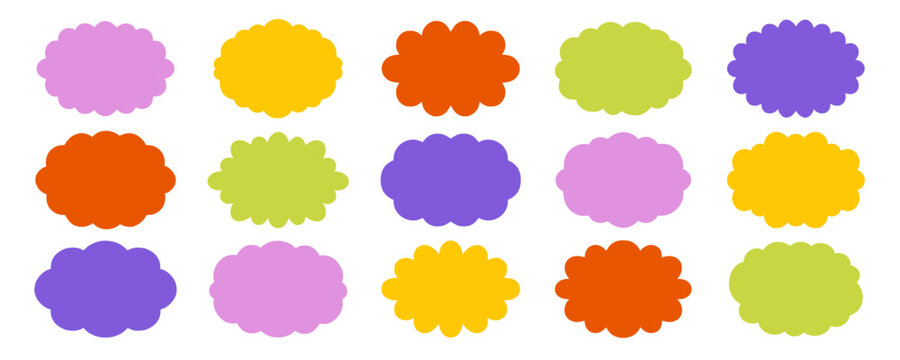 Cloud fluffy frames and label borders set. Hand drawn rectangle text box and cute bubble shapes doodle. Vector illustration isolated on white background