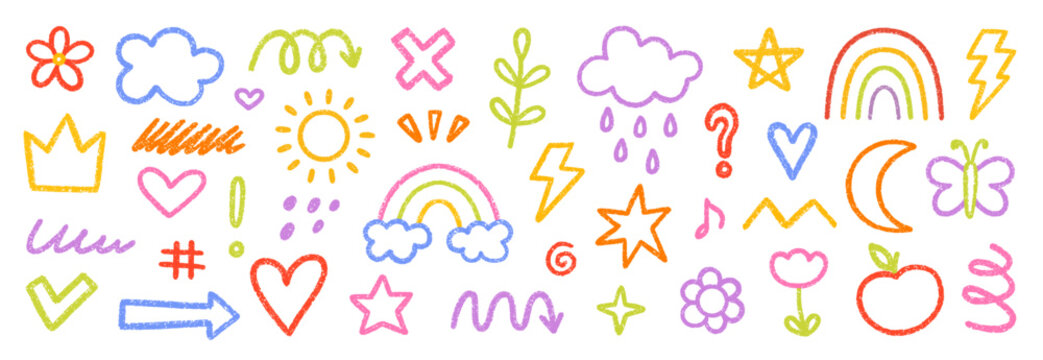 Crayon cute kids elements, chalk daycare and children drawings. Hand drawn pencil preschool kindergarten doodle icons set. Childish scribble rainbow, stars, flower, crown in sketch style