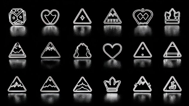 Geometric road signs, outlined in white, mirrored on a black background.  Various shapes, including triangles, hearts, and crowns