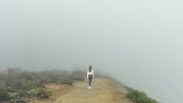 Aerial view of a woman walking along a misty ridge surrounded by thick fog and volcanic vegetation at Kawah Ijen, East Java, Indonesia.