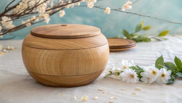 白い花と明るい木製の骨壺。純粋さと安らぎを象徴する供養の場。穏やかな光に包まれた追悼の情景