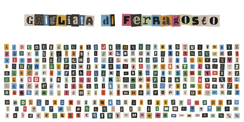 Naklejka premium Lettere ritagliate stile riscatto per invito grigliata di ferragosto e set caratteri