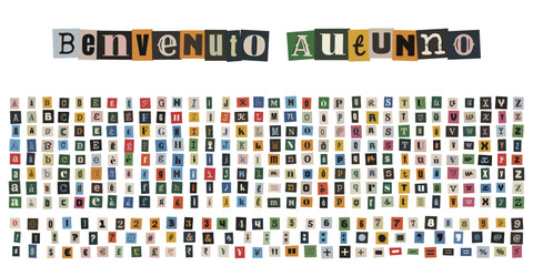 Lettere ritagliate stile giornale per scrapbooking benvenuto autunno alfabeto completo e numeri © velikiyzayats