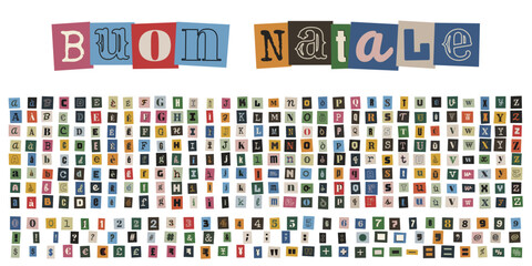 Naklejka premium Alfabeto ritagliato stile lettera anonima per auguri di Buon Natale creativi e originali