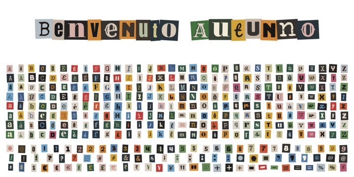Lettere ritagliate stile giornale per scrapbooking benvenuto autunno alfabeto completo e numeri
