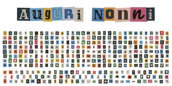 Lettere ritagliate da giornale per biglietto auguri nonni, stile riscatto anonimo
