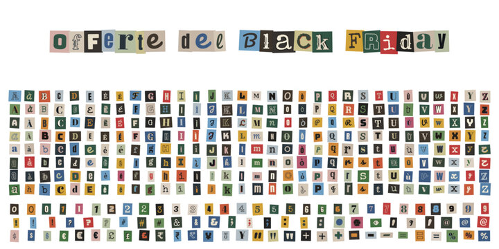 Lettere ritagliate stile riscatto per offerte del Black Friday, alfabeto collage vintage