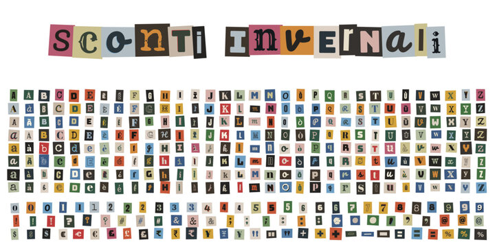 Collezione di lettere e numeri ritagliati da riviste per sconti invernali e promozioni di saldi